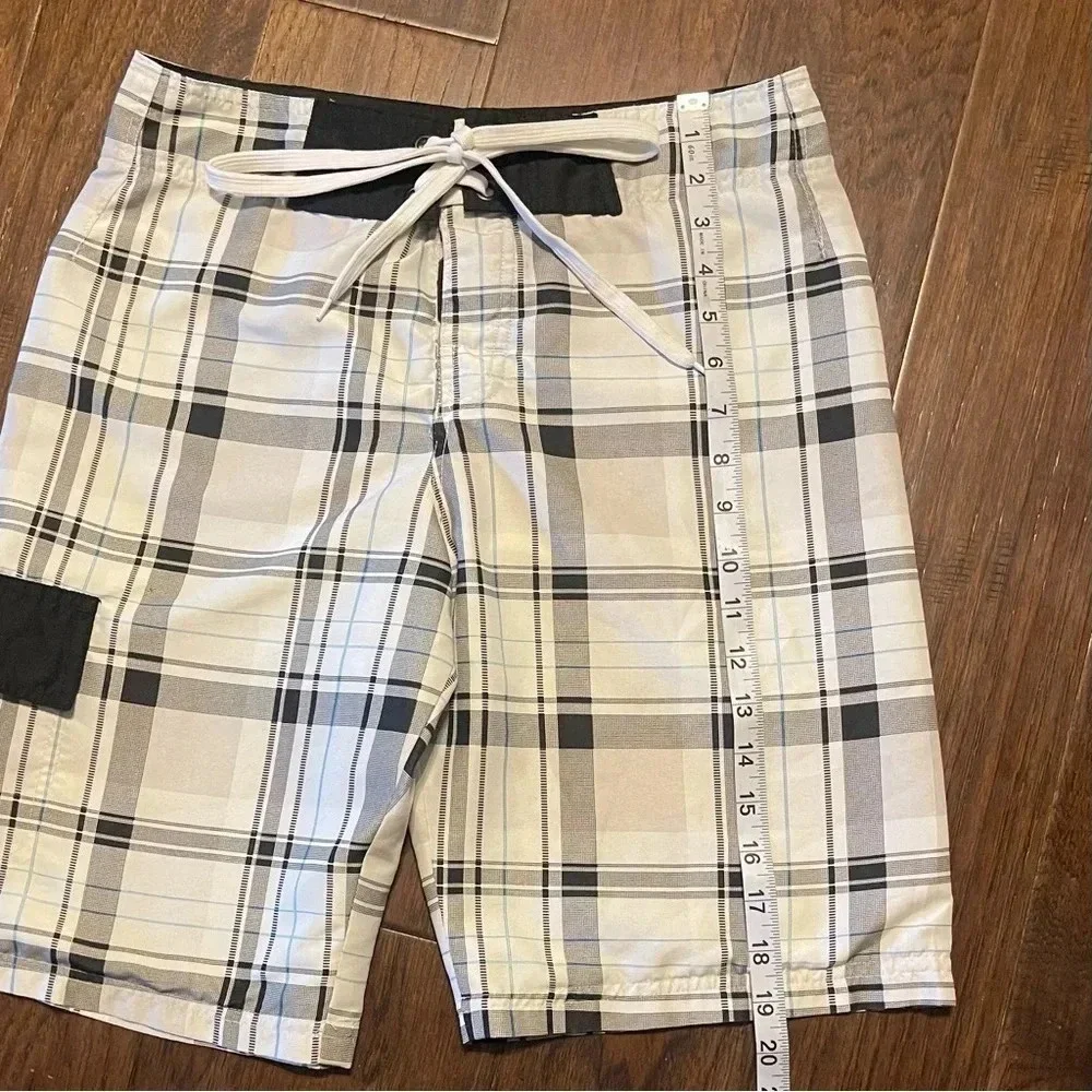 Carbon Plaid Cargo Swim Board Shorts Pockets Y2K